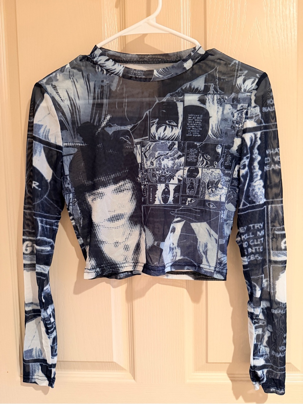 🖤 Y2K Grunge Mesh Comic Print Crop Top | Sheer Long Sleeve | Juniors Small